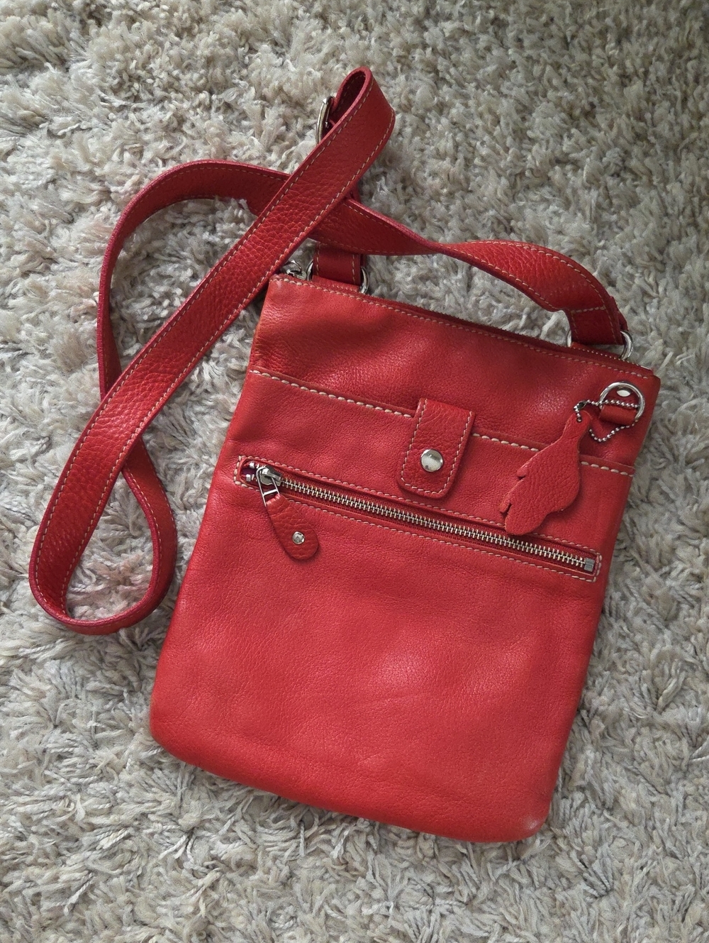 Roots Red Leather Crossbody Bag with Front Zip Pocket